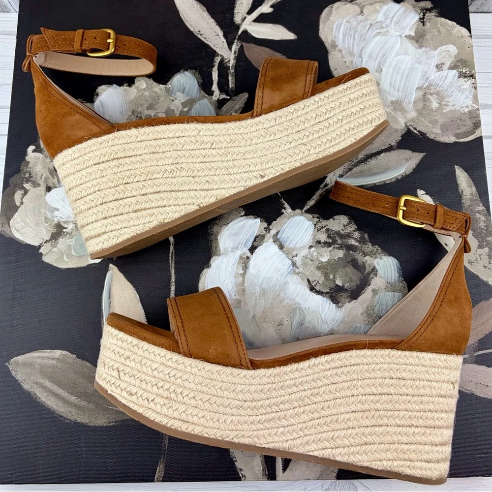 NIB Veronica Beard Gianna Suede Platform Wedge Sandals in Caramel Brown Size 9.